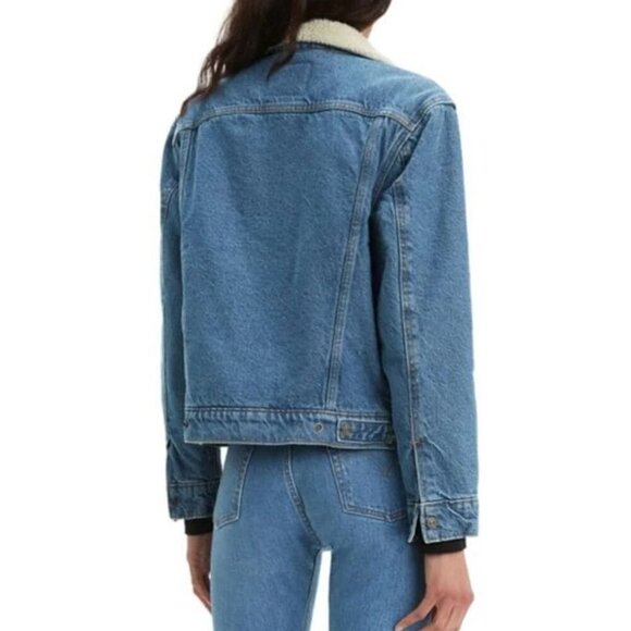 Levi’s Women’s XS Blue Denim Trucker Jacket Faux Shearling Lined Classic Snap Fr - Picture 2 of 5